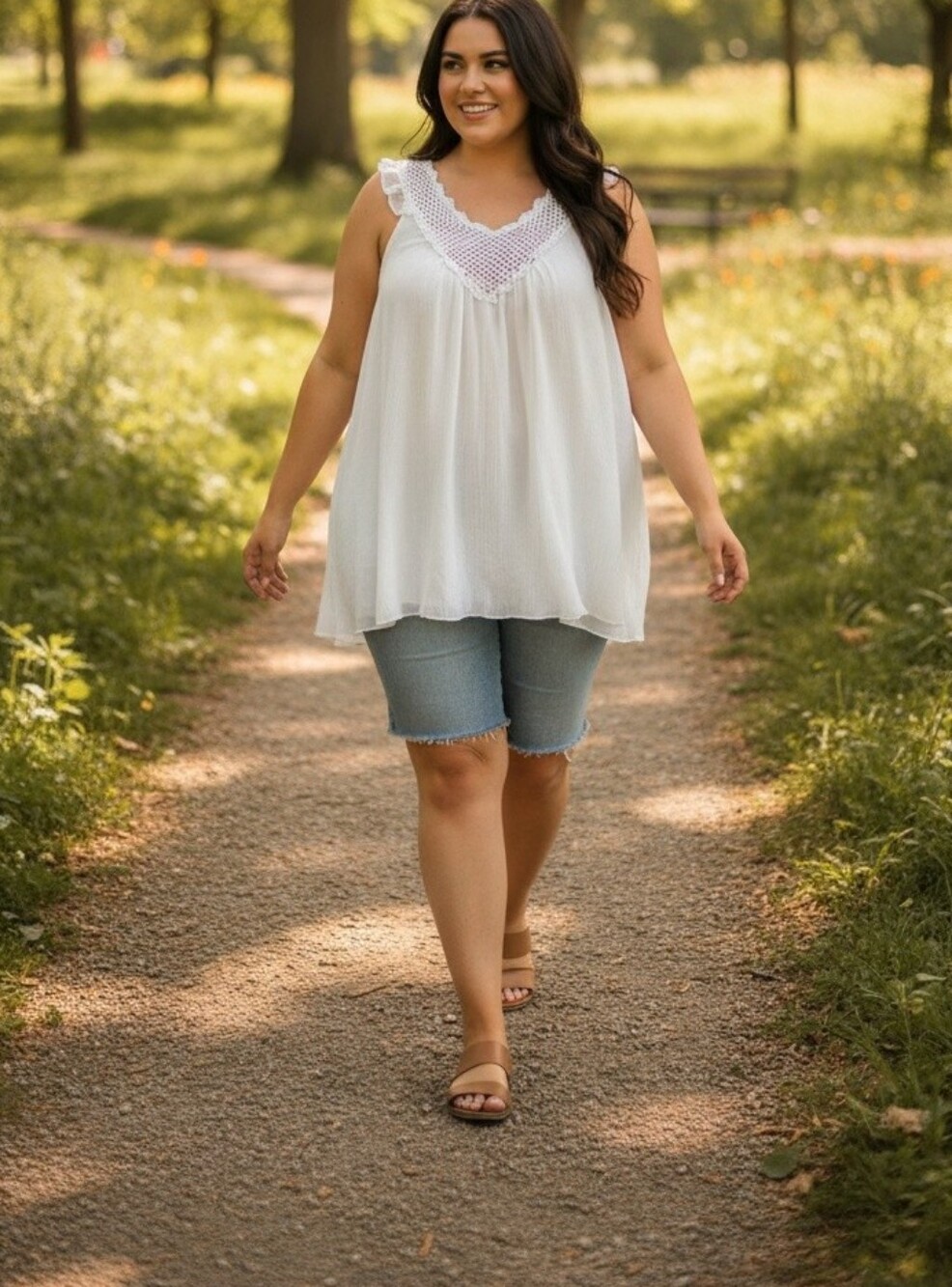 Adiva White Crochet Yoke Sleeveless Blouse